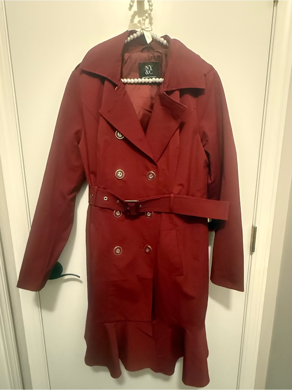 New York & Company Women's Burgundy Double-Breasted Trench with Belt